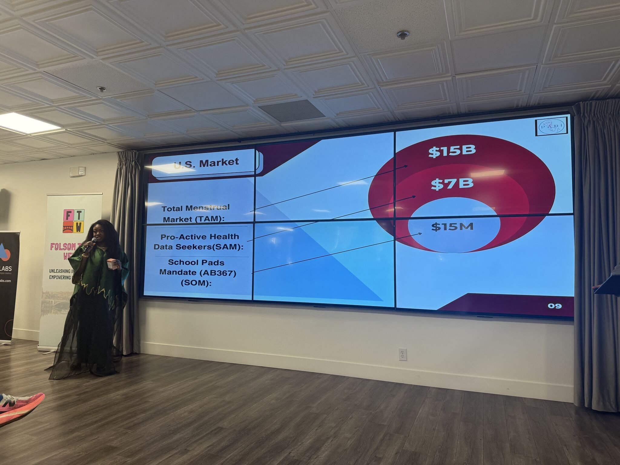 A team presenting their pitch on stage in the Commons at Granite City Workspaces in Folsom