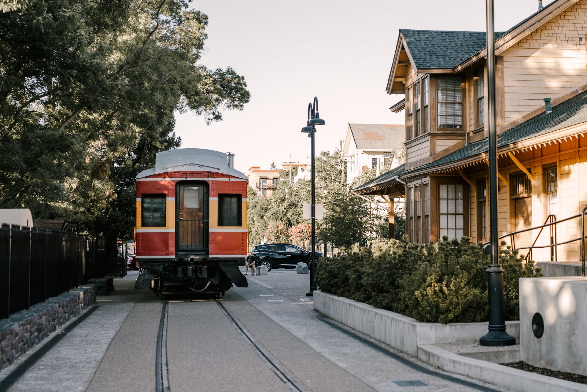 Historic railcar and station streetscape in Historic Folsom